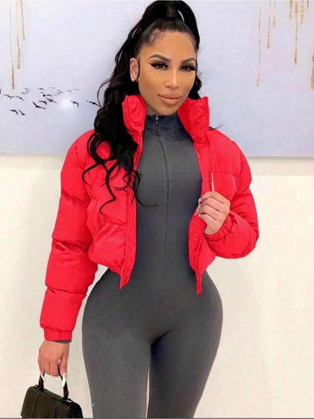 SHEIN Red Puffer Cropped Zipper Jacket